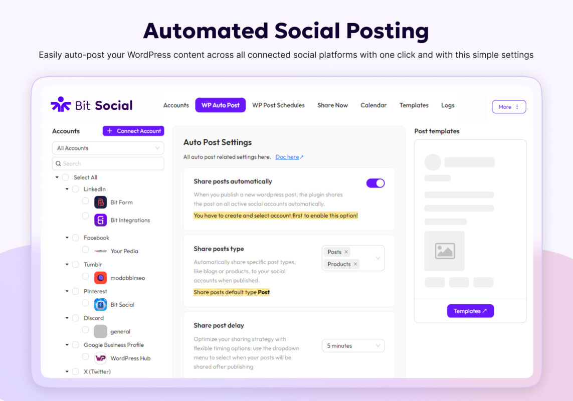 Automated tool for social media post scheduling interface.