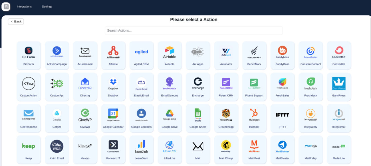 Integration platform action selection interface with various apps.