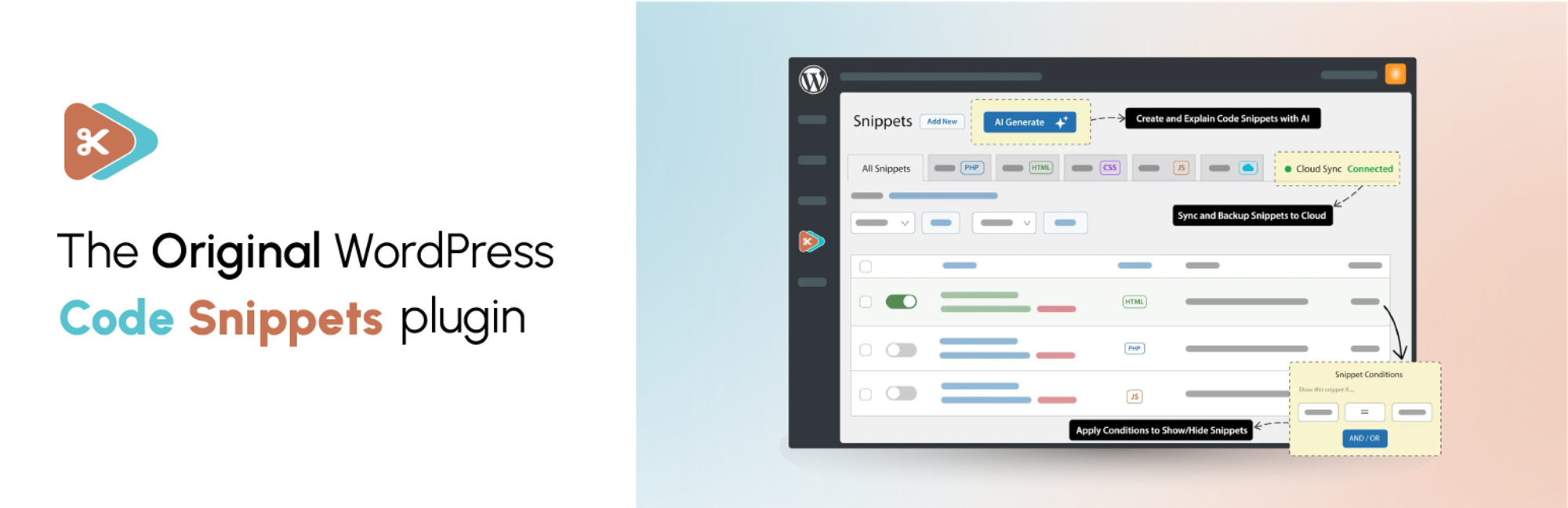 WordPress code snippets plugin interface screenshot with features.