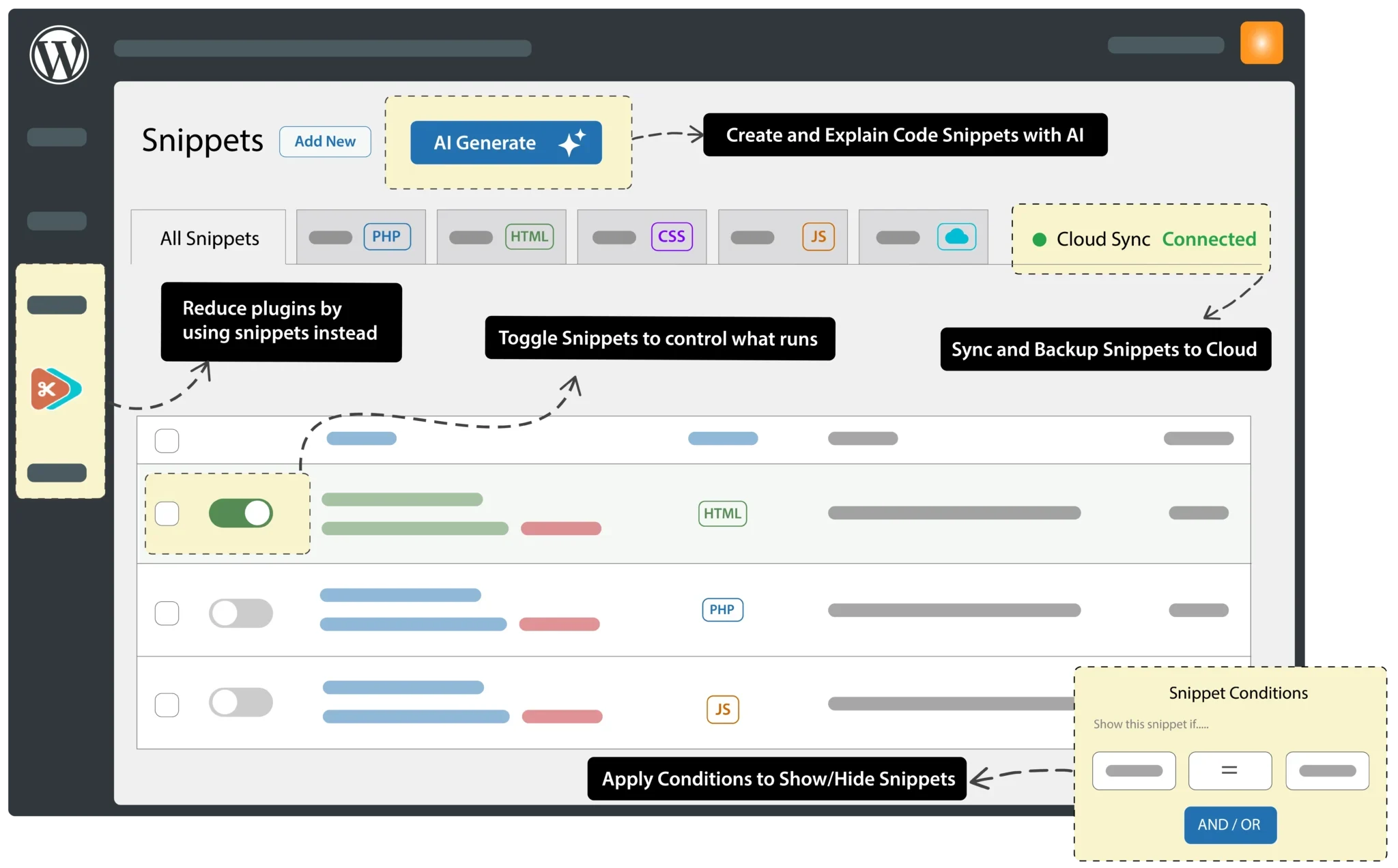 WordPress interface for managing code snippets efficiently.