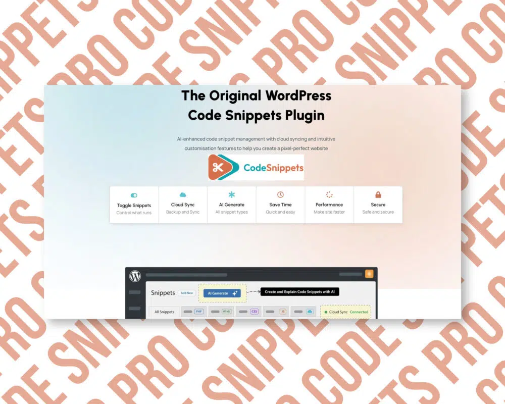 WordPress Code Snippets Plugin features and interface screenshot.