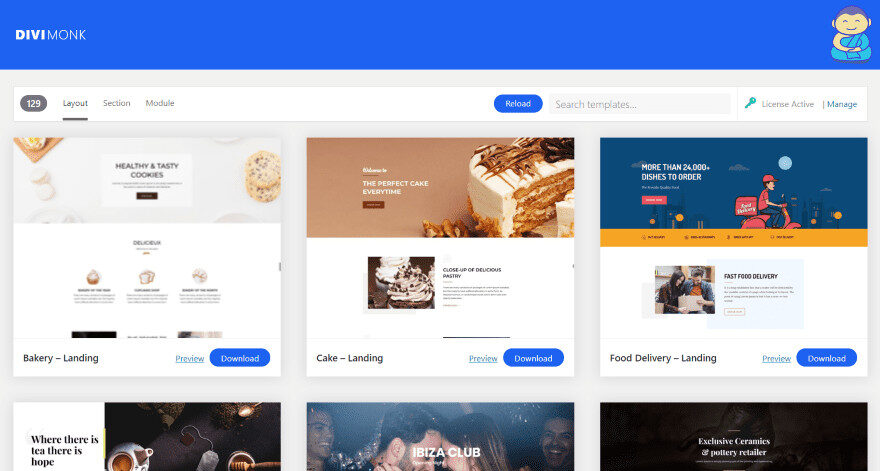 Divi Monk landing page templates gallery interface.