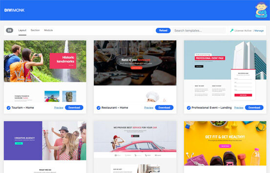 DiviMonk template selection interface with six templates.