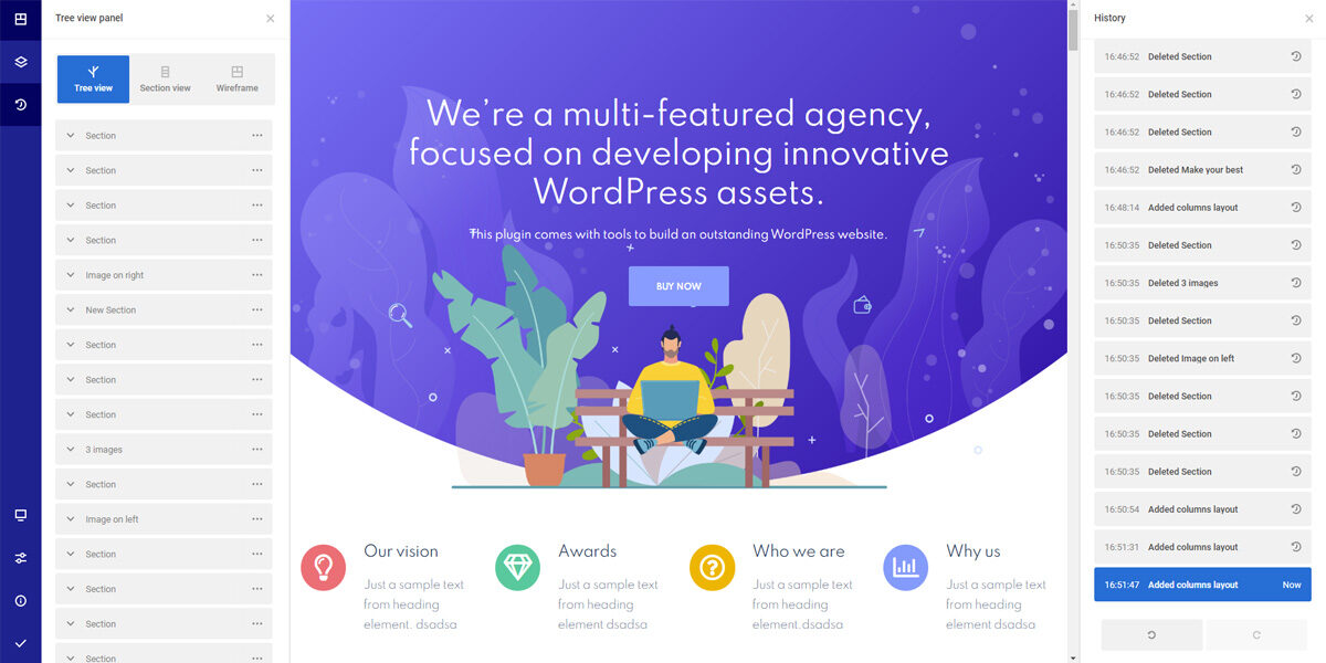 WordPress agency interface with history panel.