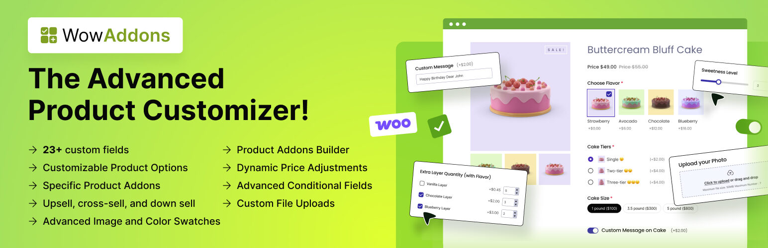 WowAddons product customizer features showcased on interface.