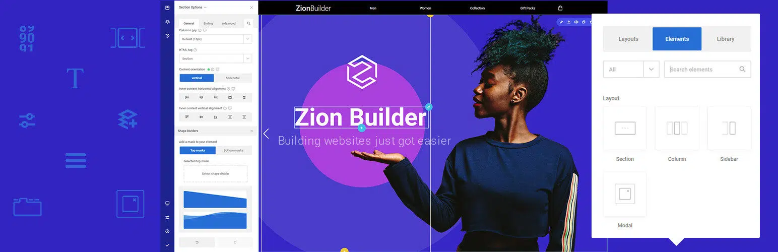 Web design software interface with user options.