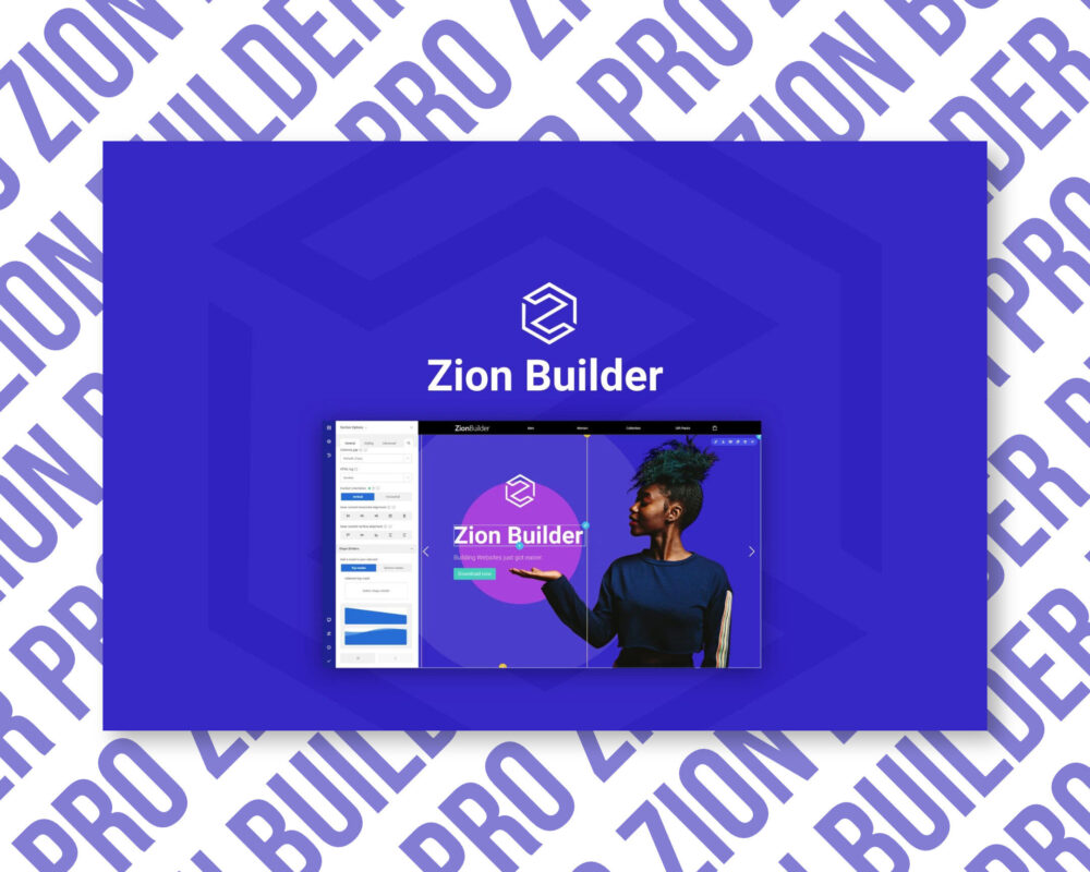 Zion Builder interface with blue design elements.