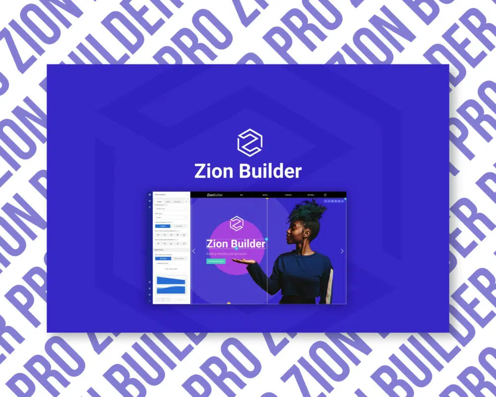 Zion Builder interface with blue design elements.
