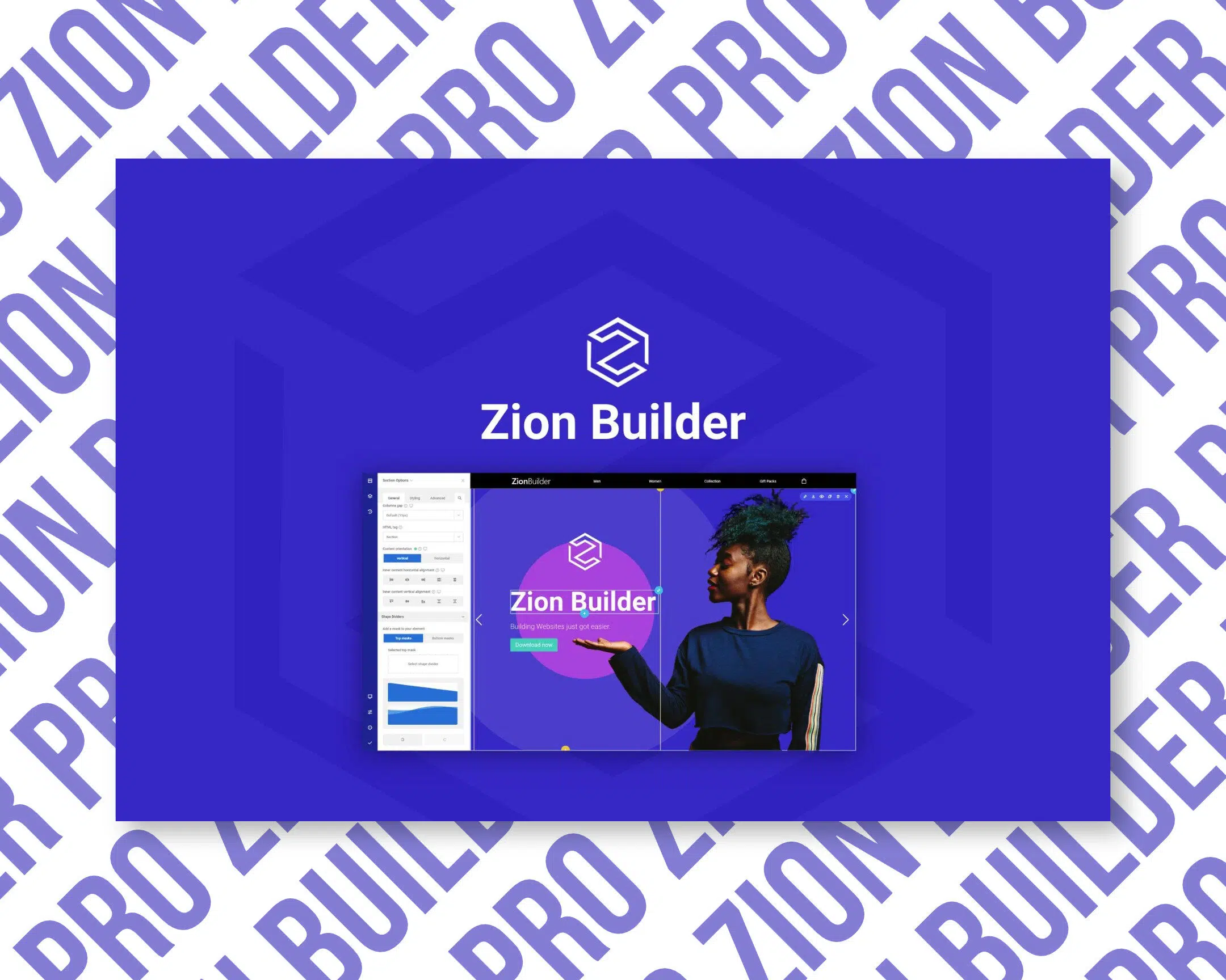 zion builder pro | original license | one time payment | lifetime updates Zion Builder interface with blue design elements.