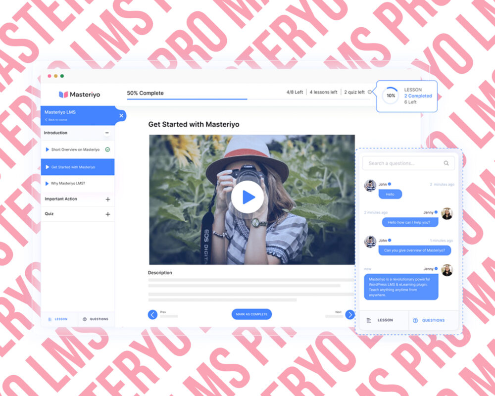 Masteriyo LMS user interface with chat feature