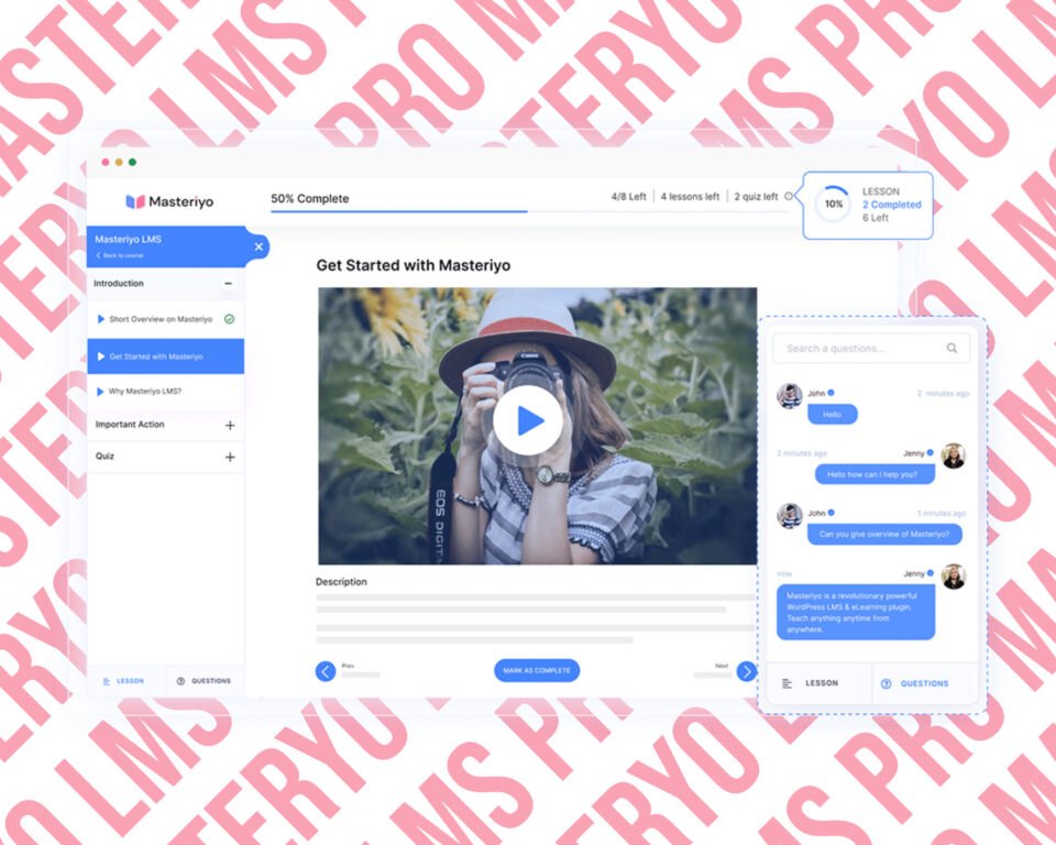 Masteriyo LMS user interface with chat feature