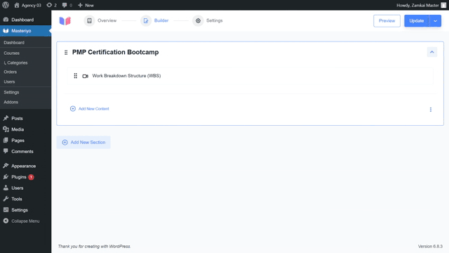 PMP Certification Bootcamp dashboard interface screenshot.
