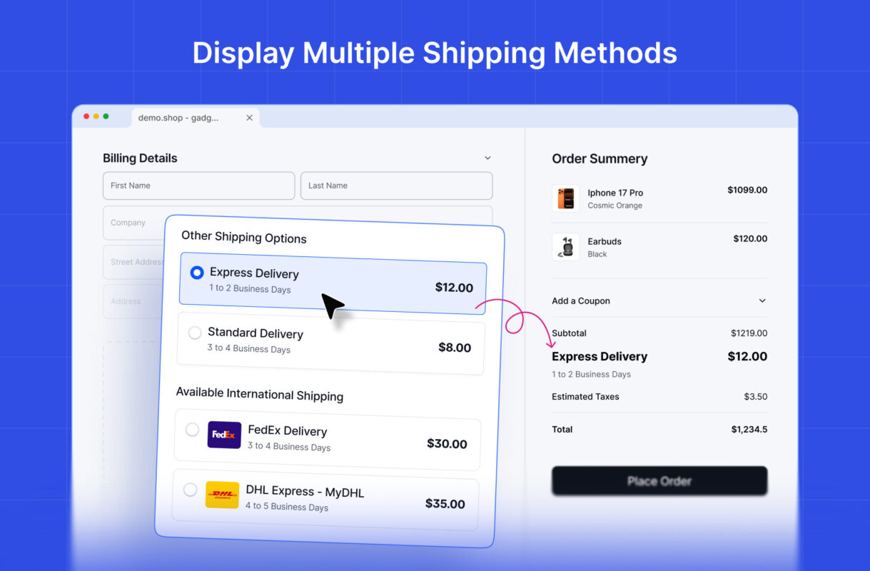 E-commerce checkout with multiple shipping methods displayed.